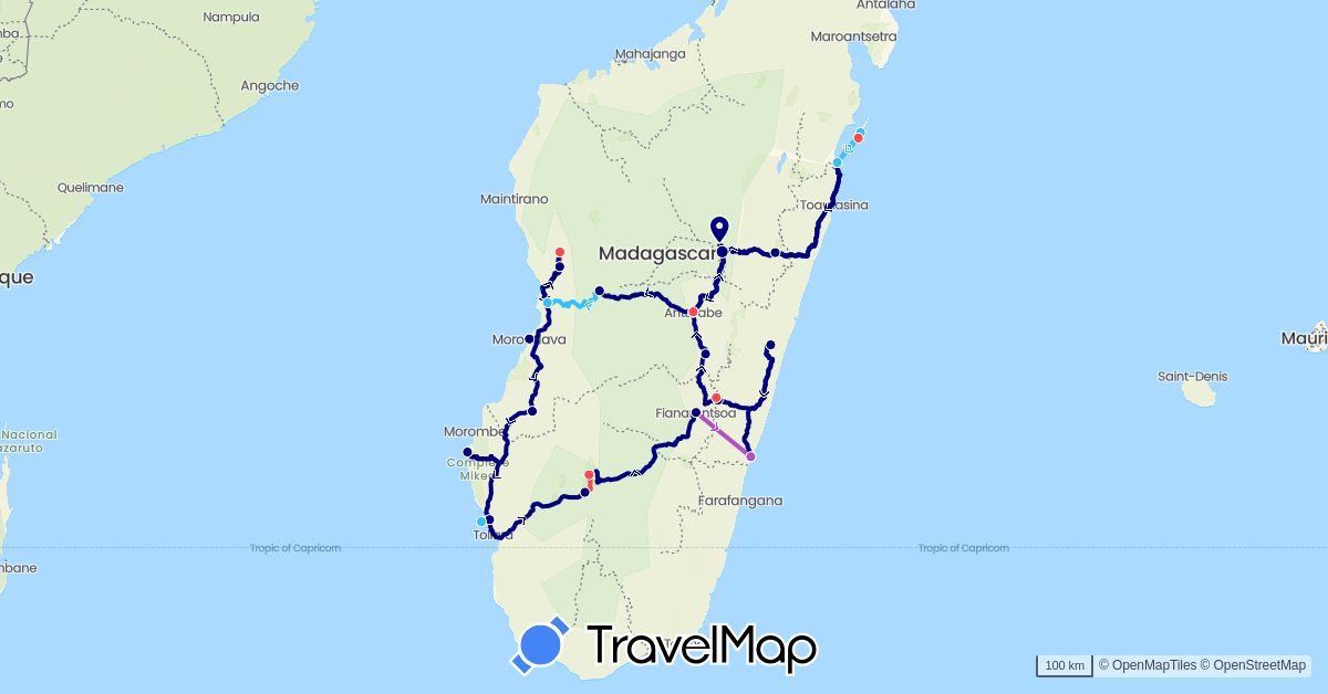 TravelMap itinerary: driving, train, hiking, boat in Madagascar (Africa)